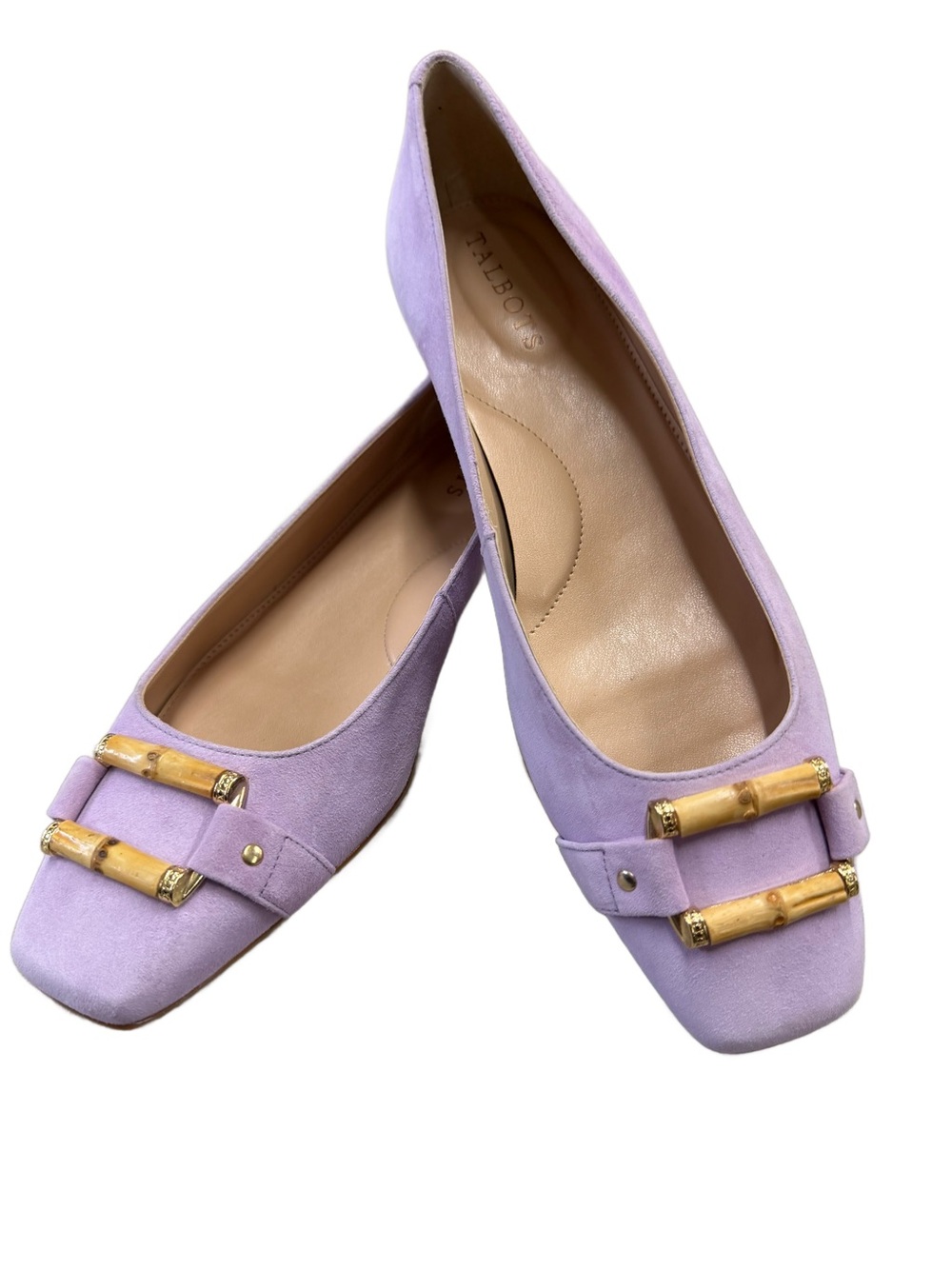 Talbots Sutton Lavender Purple Suede Bamboo Buckle Gold Accent Flats Sz 8.5M EUC